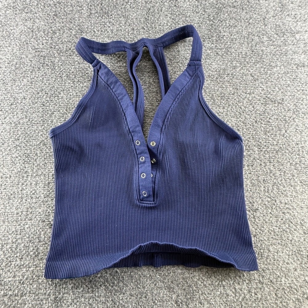 Free People Navy Blue Ribbed Henley Racerback Cropped Tank Top